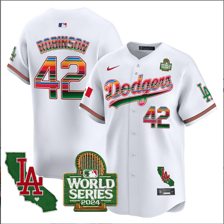 Men MLB Mexico Los Angeles Dodgers #42 Robinson white 2024 World Series Champions Patch Jersey 20241105